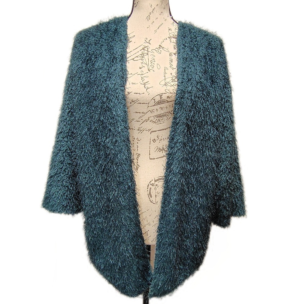 Emerald Green Womens Fuzzy Eyelash Knit Cardigan Sweater‎ Medium Open Front Boho